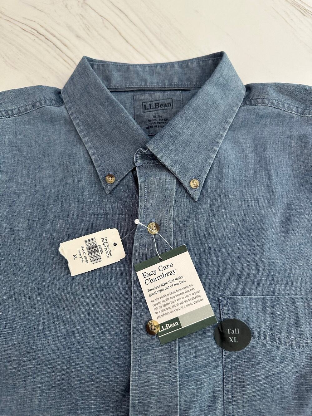 L.L.Bean Easy Care Chambray Shirt Mens XL Tall NWT Blue Button Down Short Sleeve